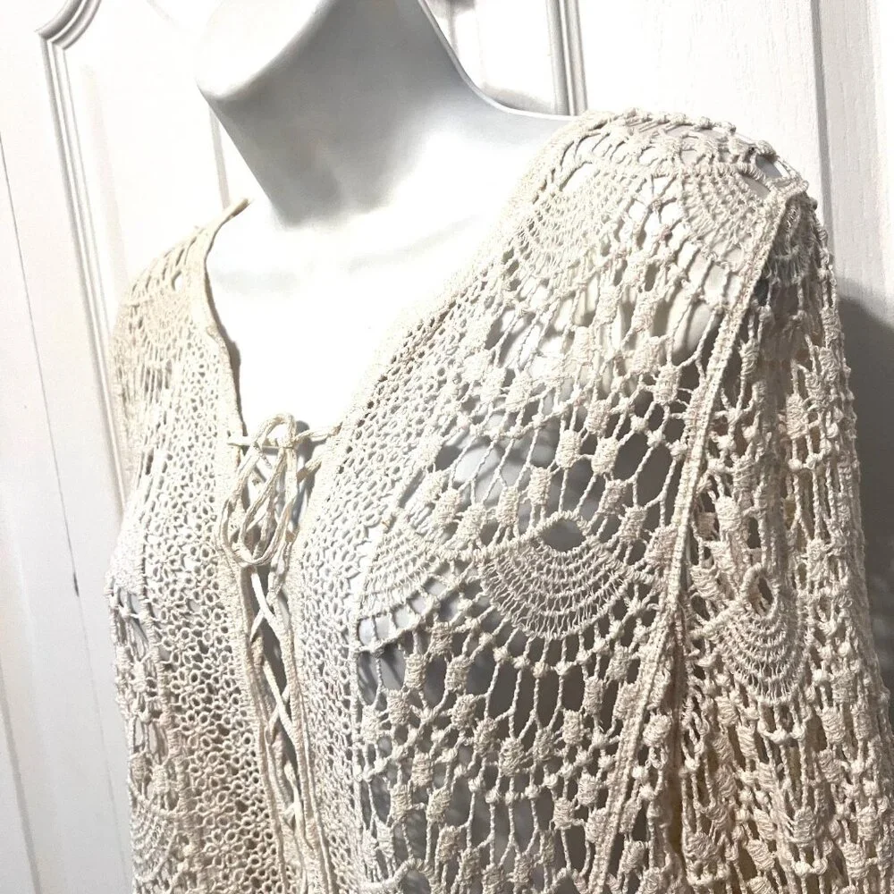Forgotten Grace-100% Cotton Women's Boho/Hippie Top-Cream-Med-Lace Up-Lace Scall - Picture 7 of 12
